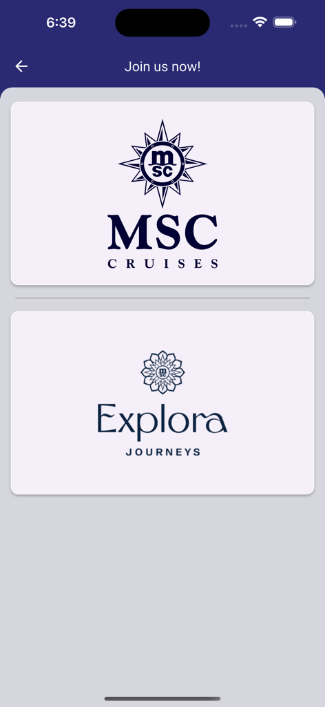 MSC Crewing Services - MSC Crewing Services app screen showing company selection for MSC Cruises and Explora Journeys