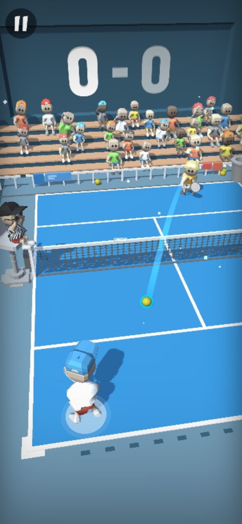 3D tennis match gameplay showing a player on a blue court with a scoreboard and crowd