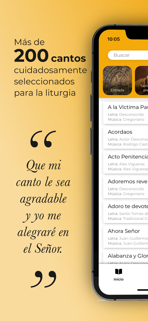 Canto Católico - Interface of the Canto Católico app showing a list of over 200 liturgical songs for choir members.