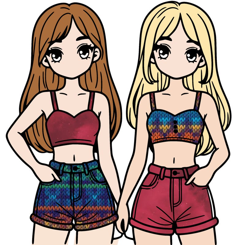 two sisters with crop tops and jean shorts and straight hair