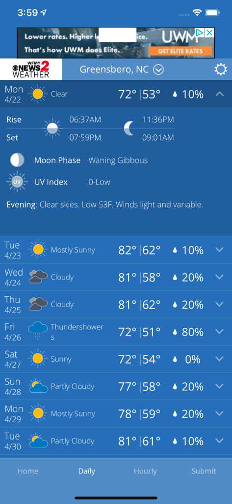 Daily weather forecast for Greensboro North Carolina on the WFMY Radar app
