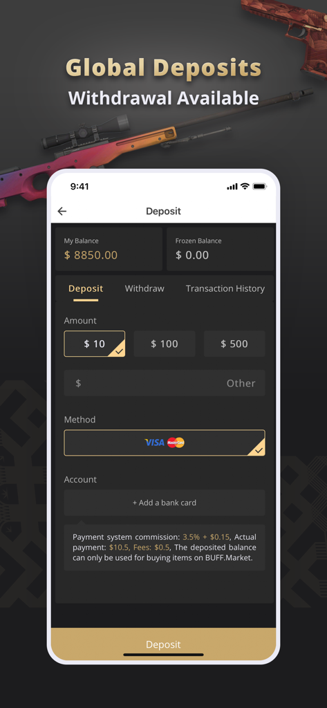 Interface de depósito do aplicativo móvel BUFF Market com opções de pagamento e detalhes de saldo.