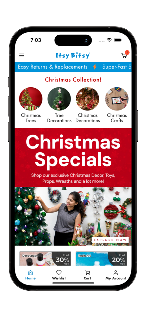 Itsy Bitsy mobile app home screen showing Christmas decorations and craft supply deals