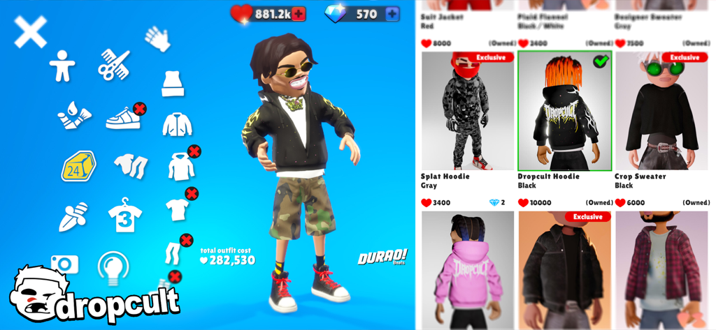 dropcult - Dropcult avatar customization screen featuring streetwear hoodies and accessories