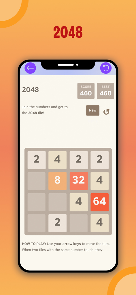 No Wifi Games: Play offline - 타일과 점수 표시가 있는 2048 숫자 퍼즐 게임 인터페이스 스크린샷