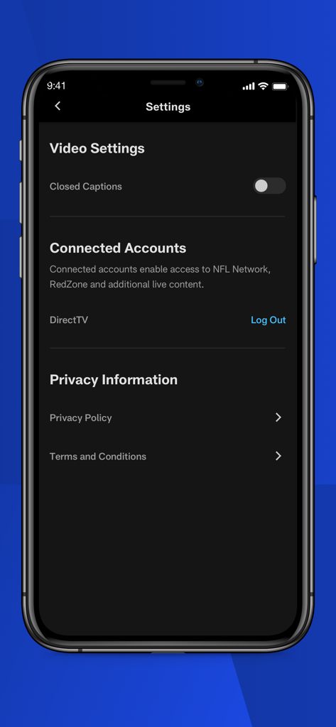Interface de configurações do aplicativo NFL Network mostrando preferências de vídeo e contas de provedores de TV a cabo conectadas.
