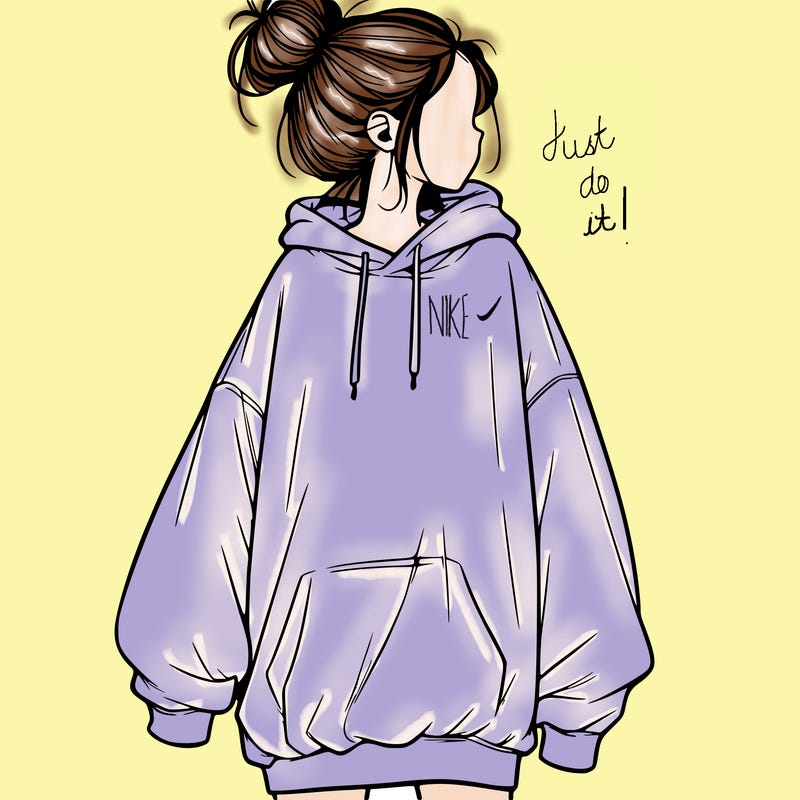 realistic girl with a oversized sweatshirt on and a bun