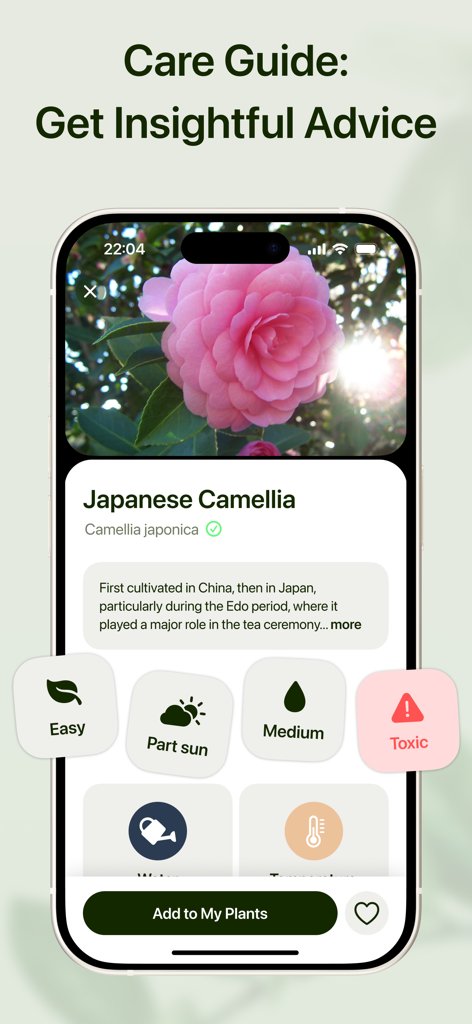 Plant AI - Identify & Care - Interface de l'application Plant AI affichant un guide de soins pour un Camélia du Japon avec des détails sur les besoins en lumière et en eau.