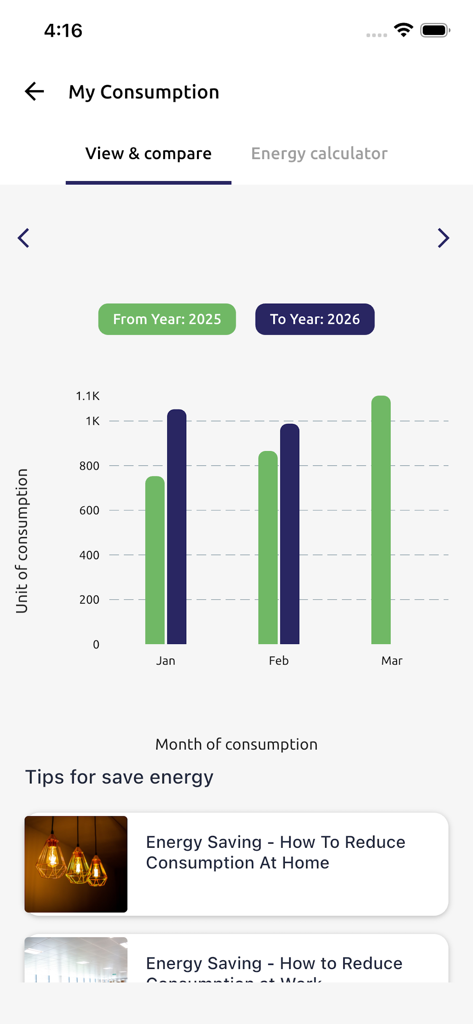 Torrent Power Connect - Energy consumption comparison chart showing monthly usage in the Torrent Power Connect mobile app