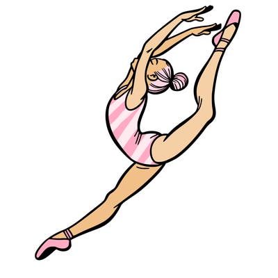 gymnast doing a leap in a leotard with a bent back leg