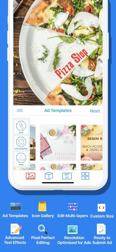 Ad Maker app interface featuring a pizza advertisement design and a gallery of social media templates
