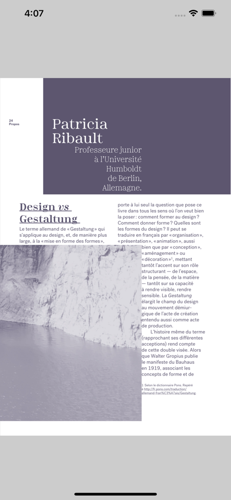 Lis-a - A digital book page titled Design vs Gestaltung shown in the Lis-a reading app