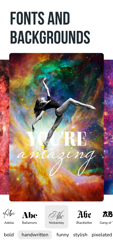 Dada app interface showing font styles and a space themed background collage with a dancer