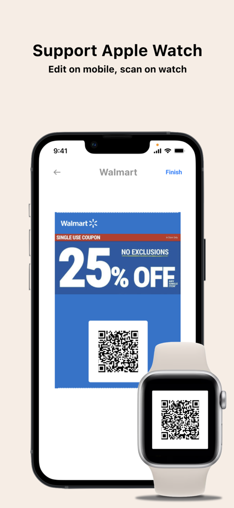 Pass2U Wallet app displaying a digital Walmart coupon QR code on both an iPhone and Apple Watch for easy scanning.