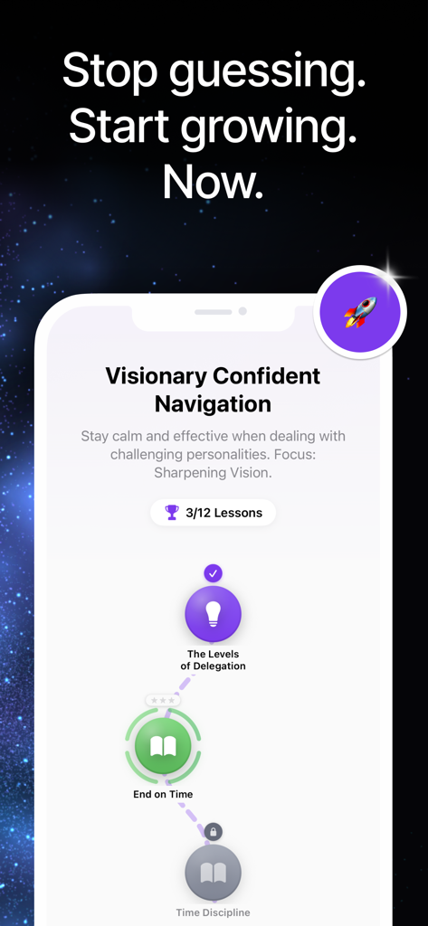 Skillbase AI Soft Skills Coach - Interface do aplicativo Skillbase AI mostrando um caminho de currículo de desenvolvimento profissional gamificado para lições de navegação confiante e visionária