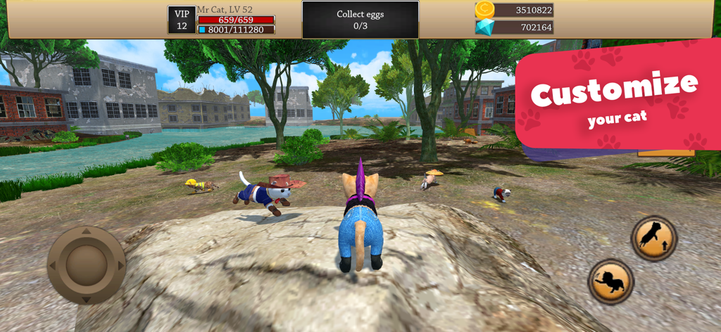 Cat Simulator 3D - Animal Life - Several 3D cats wearing customized accessories and outfits like hats and jackets in an open-world environment.