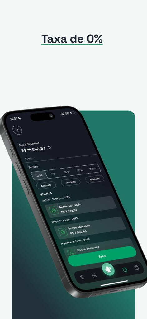 Smartphone screen displaying the Cakto app financial dashboard with a zero percent fee headline