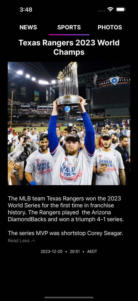 SCN WorldStar - SCN WorldStar app sports news showing Texas Rangers 2023 World Series victory