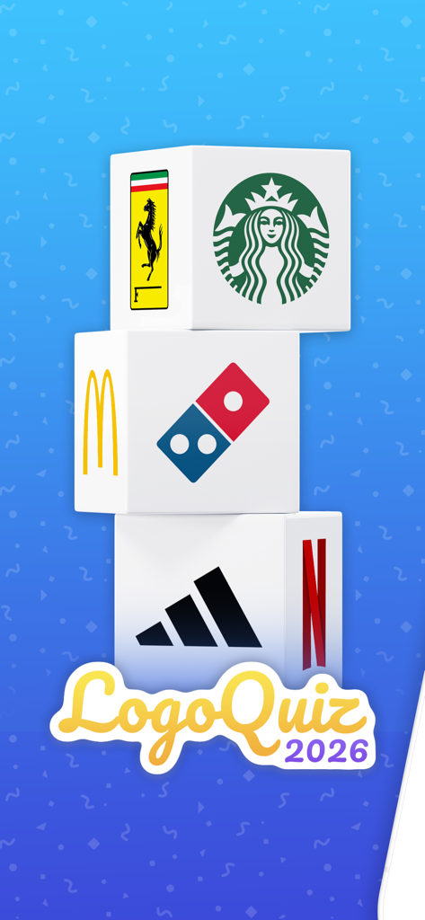 Logo Quiz 2026: Guess the logo - Écran de jeu Logo Quiz 2026 présentant des cubes 3D avec des logos de marques célèbres comme Starbucks, McDonalds et Adidas