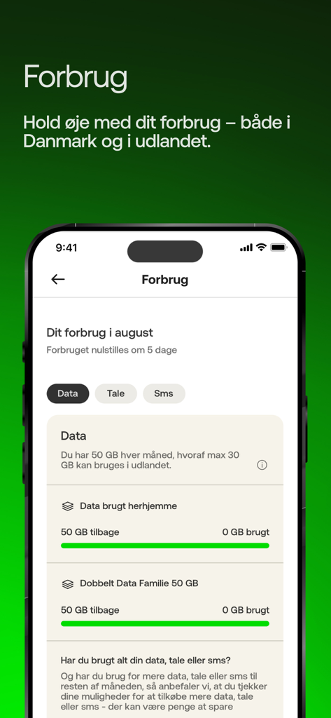 Mit YouSeeアプリのスクリーンショット。月間消費量とローミングの進捗バーが表示されたデータ利用状況ダッシュボードが表示されています。