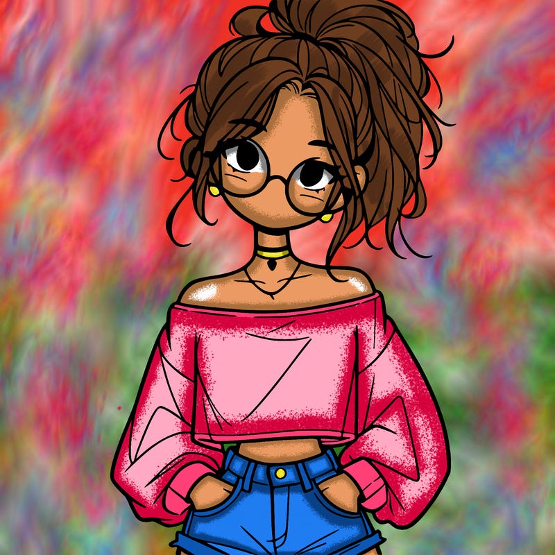 girl with a messy ponytail glasses a baggy crop top and jean shorts