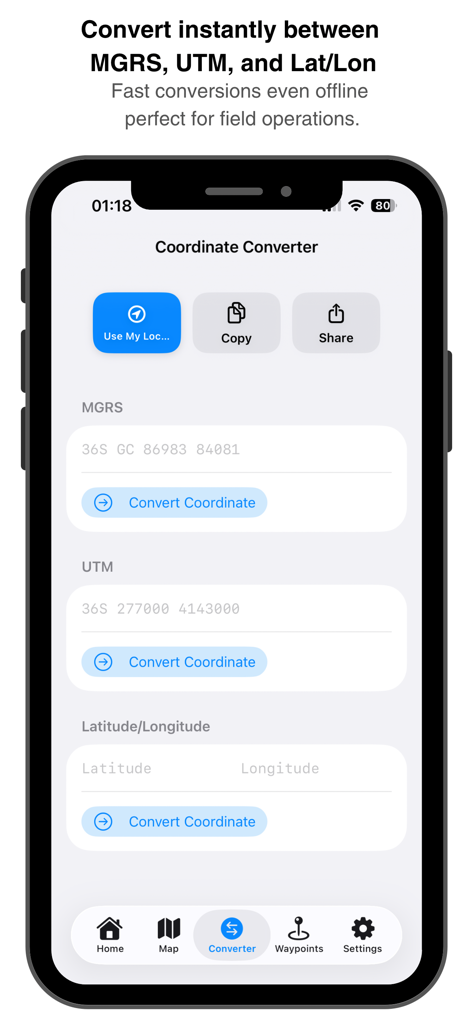 Interface of MGRS GPS Mapper app showing coordinate conversion between MGRS UTM and Latitude Longitude