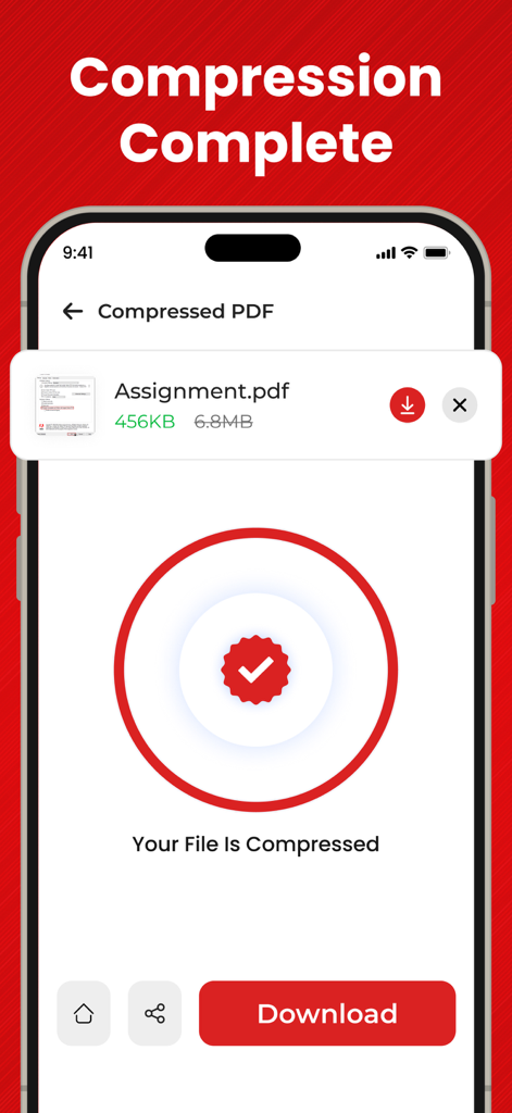 PDF Compressor－Compress PDF - Interfaz de la aplicación móvil que muestra un archivo PDF comprimido exitosamente de 6.8MB a 456KB con un botón de descarga.