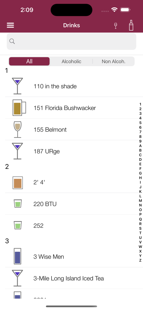 A list of cocktail recipes with glassware icons and drink categories in the Professional Bartender's Suite app