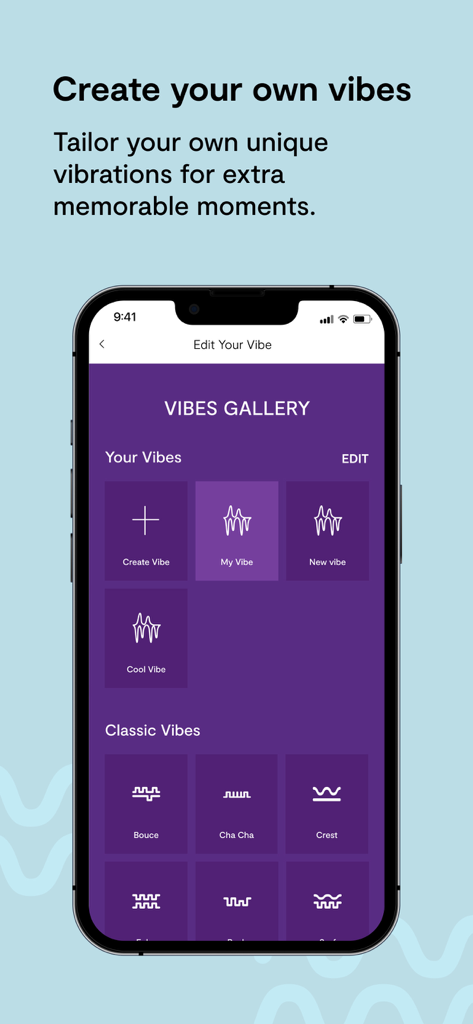 We-Vibe App - Pantalla de smartphone mostrando la galería de vibraciones de la app We-Vibe para crear y personalizar patrones de vibración únicos.
