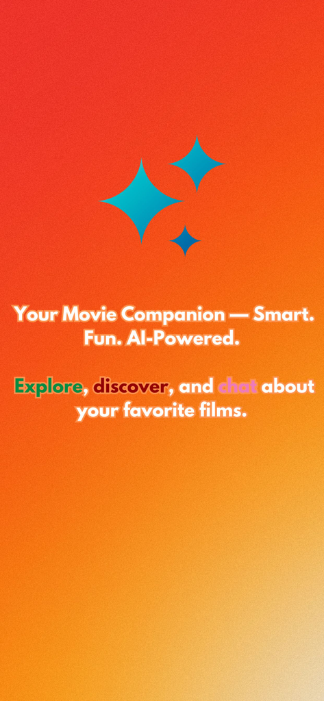 Pantalla de introducción de la app Lookmovie destacando sus funciones de descubrimiento de películas y chat impulsadas por IA sobre un fondo degradado naranja.