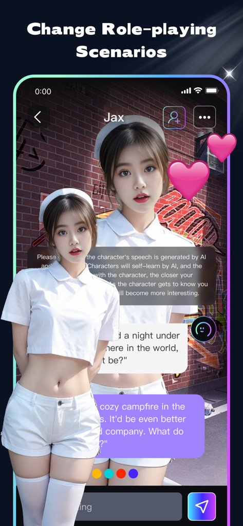 Sweet AI: Lover Character Chat - Oberfläche des Sweet AI Apps, die einen romantischen Rollenspiel-Chat mit einem KI-Charakter namens Jax zeigt.