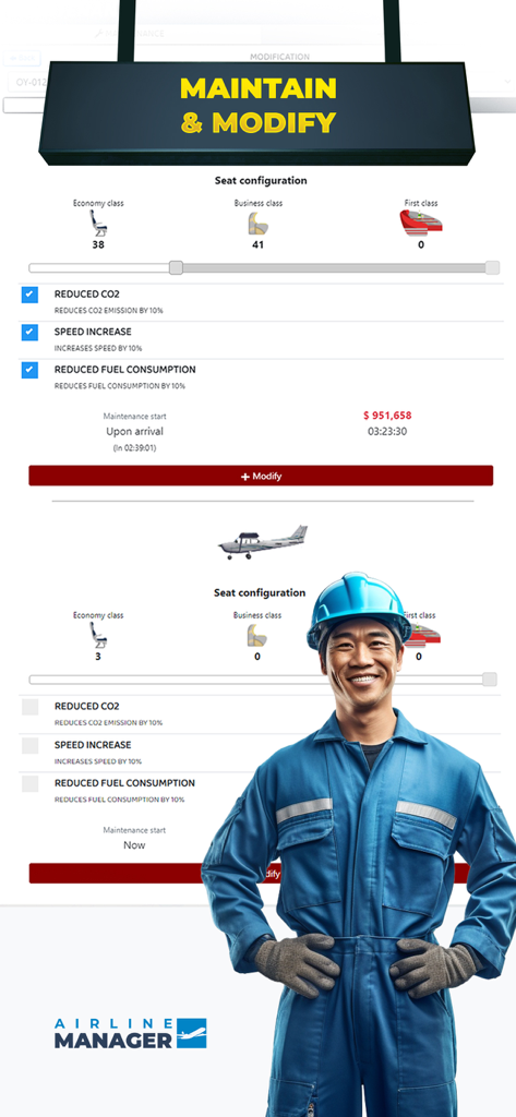 Aircraft maintenance and seat modification screen in Airline Manager 2026 featuring a smiling technician