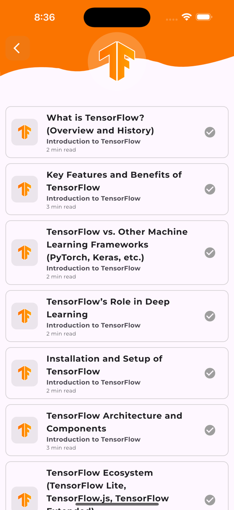 TensorFlowの入門チュートリアルと機械学習コースモジュールのリストが表示されるTensorFlowモバイルアプリのインターフェース。