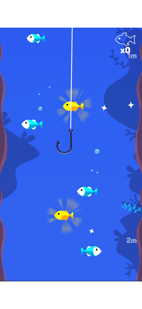 Tiny Fishing - A fishing hook underwater with colorful yellow and blue fish swimming in the Tiny Fishing mobile game