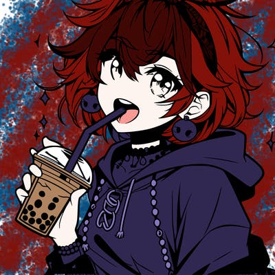 hot baddie anime girl drinking boba and biting the straw