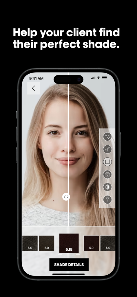 Funzionalità di prova virtuale del colore dei capelli a schermo diviso nell'app My Hair iD.