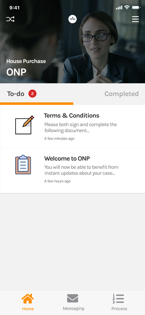 ONP Solicitors - ONP Solicitors mobile app showing a to-do list for a house purchase including a terms and conditions document task.