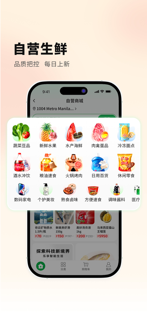 Smartphone-Bildschirm mit der Auswahl der Supermarktkategorie in der Flash Delivery App mit Symbolen für frische Produkte, Snacks und Elektronik.