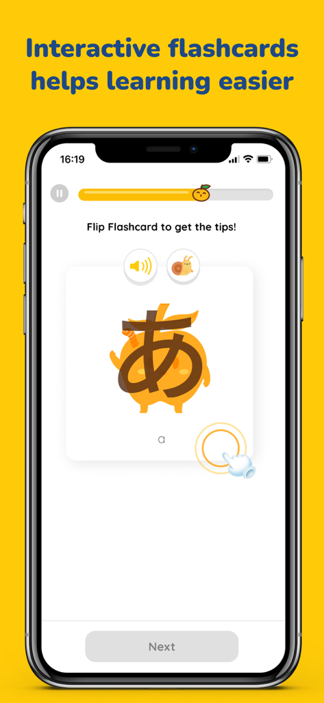 A mobile phone screen showing an interactive Hiragana flashcard for the character 'a' in the MochiKana app with a cute mascot theme.