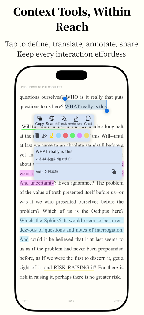 Anx Reader - Anx Reader mobile app interface displaying text selection with translation and multi-colored annotation options