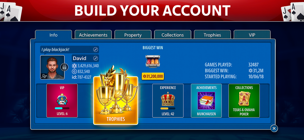 User profile interface in Blackjack 21 showing player stats, trophies, and VIP level