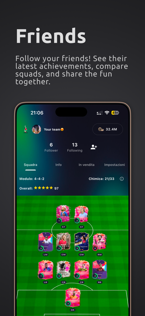 FUT FC 26 app screenshot showing the friends social feature with a football squad layout and collectible player cards