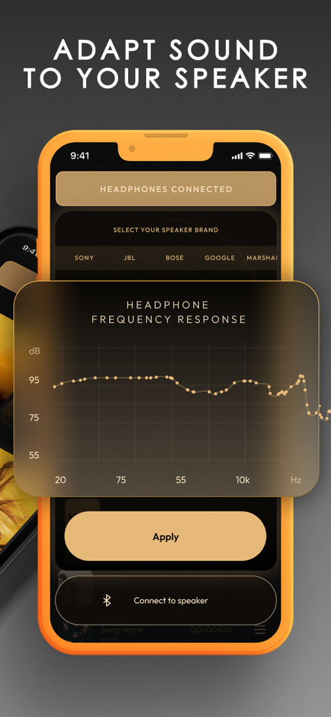 Sound Connect - Music Widget - Interfaz de la aplicación Sound Connect que muestra la respuesta de frecuencia de los auriculares y las opciones de marca de altavoces