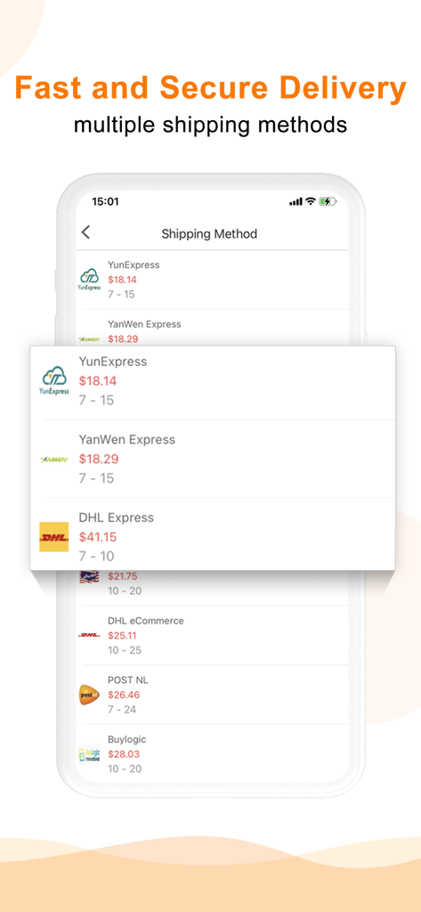 SUNSKY - Wholesale & Dropship - Interface showing multiple shipping options like DHL and YunExpress on the SUNSKY app