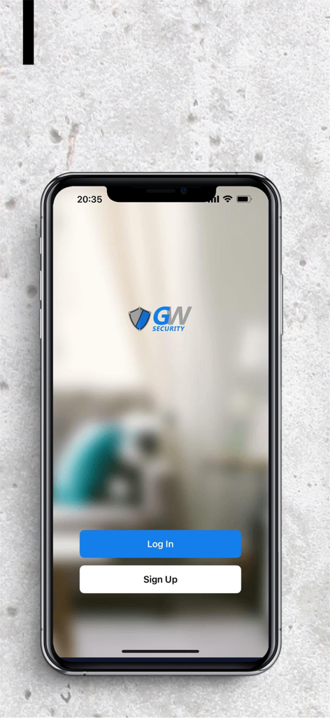GW Security mobile app login and sign up screen