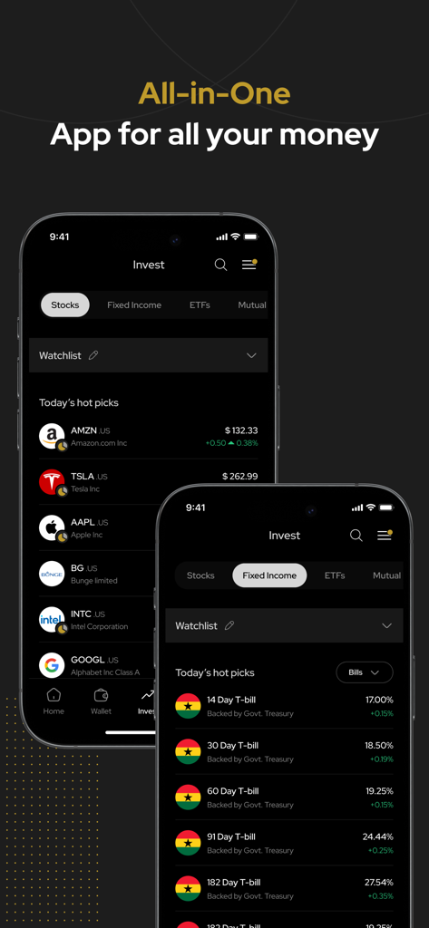 Black Star - A better way. - Black Star app screens showing stock market picks and fixed income treasury bill investments