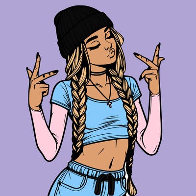 realistic teenage girl with braids and a beanie and crop top doing 🫶🏼