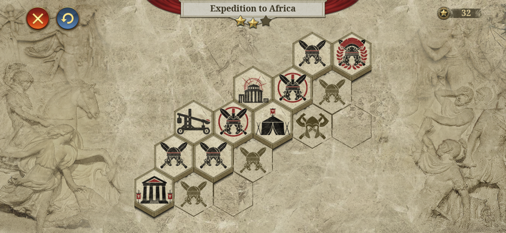 Great Conqueror: Rome - Great Conqueror Rome gameplay showing the Expedition to Africa mode on a hexagonal strategy map.