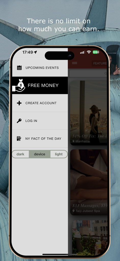 pulsd - The Best of New York - Side menu of the pulsd app showing navigation options for NYC events and rewards