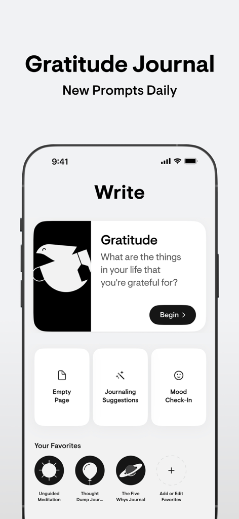Écran minimaliste de journal de gratitude dans l'application stoic. avec une invite d'écriture quotidienne et des options de suivi de l'humeur.
